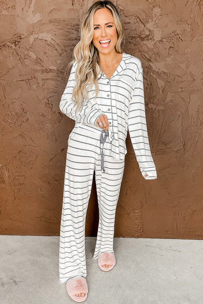 Striped Print Long Sleeve and Pants Pajamas Set-Loungewear-MomFashion