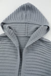 Gray Horizontal Rib Knitted Open Front Hooded Cardigan-Tops-MomFashion