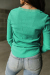 Green Trimmed Neckline Waffle Knit Henley Top-Tops-MomFashion