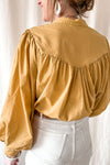 Yellow Puff Sleeve Pleated Loose Shirt-Tops-MomFashion