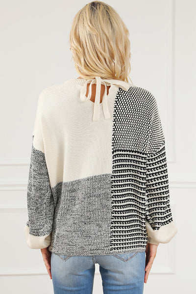 Black Neutral Colorblock Tie Back Sweater-Tops-MomFashion