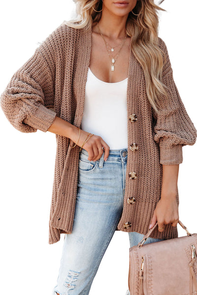 Khaki Buttoned Front Drop Shoulder Knitted Cardigan-Tops-MomFashion