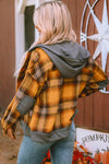 Orange Plaid Patch Hooded Frayed Snap Button Jacket-Outerwear-MomFashion