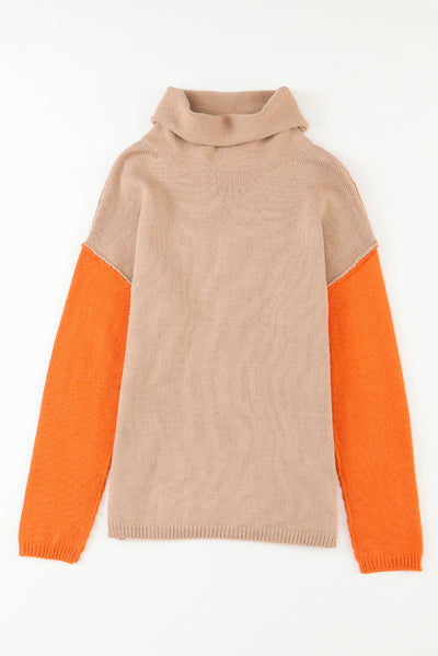 Khaki Color Block Turtle Neck Drop Shoulder Knit Sweater-Tops-MomFashion