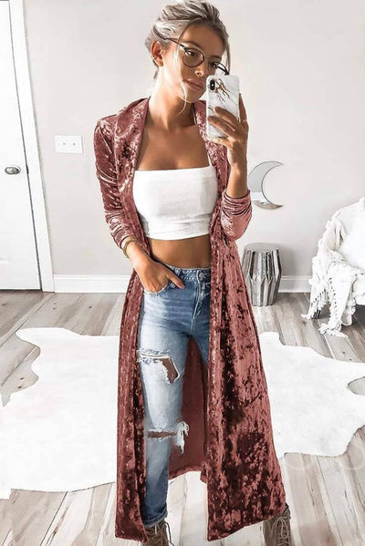 Pink Lapel Open Front Duster Velvet Cardigan-Tops-MomFashion