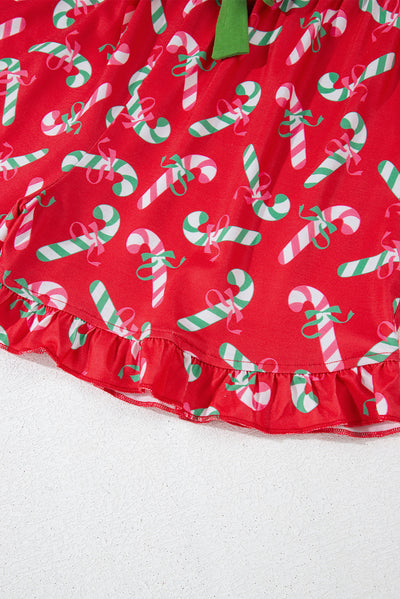 Red Christmas Candy Cane Print Pocketed Knotted Pajama Set-Loungewear & Sleepwear/Sleepwear-MomFashion