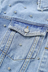 Mist Blue Rhinestones Studded Denim Jacket-Outerwear-MomFashion