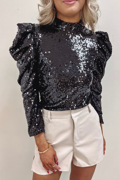 Black Sequin Mock Neck Bubble Sleeve Top-Tops-MomFashion