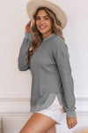 Gray Crew Neck Ribbed Trim Waffle Knit Top-Tops-MomFashion