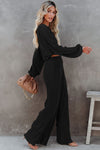 Black Corded Cropped Pullover and Wide Leg Pants Set-Loungewear-MomFashion