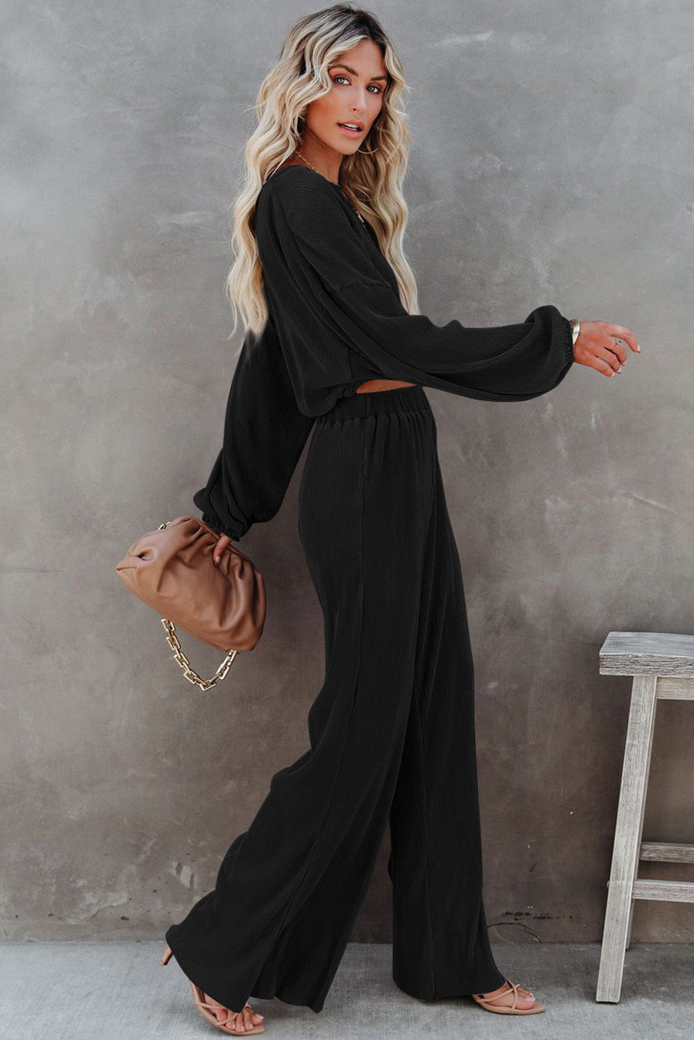 Black Corded Cropped Pullover and Wide Leg Pants Set-Loungewear-MomFashion