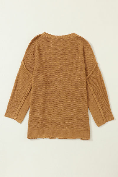 Brown Slouchy Textured Knit Loose Sweater-Tops-MomFashion