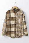 Parchment Contrast Plaid Patchwork Flap Pocket Shacket-Outerwear-MomFashion