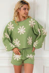 Green Flower Print Bubble Sleeve Knitted Sweater and Shorts Set-Loungewear-MomFashion