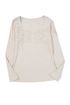 Beige Lace Crochet V Neck Long Sleeve Top-Tops-MomFashion