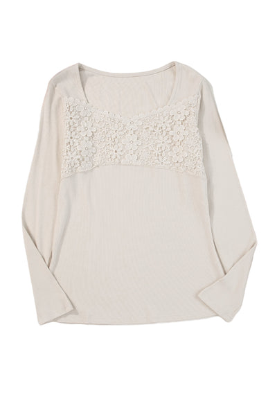 Beige Lace Crochet V Neck Long Sleeve Top-Tops-MomFashion