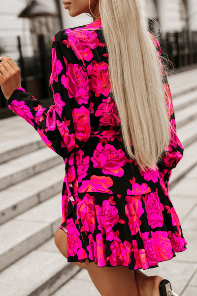 Rose Floral Print V Neck Wrap Bishop Sleeve Ruffle Tiered Mini Dress-Dresses-MomFashion