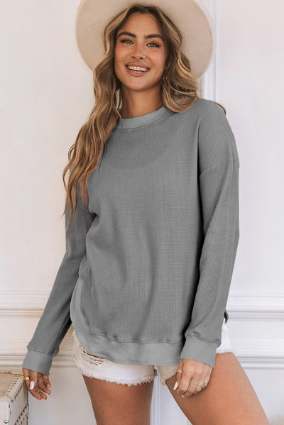 Gray Crew Neck Ribbed Trim Waffle Knit Top-Tops-MomFashion