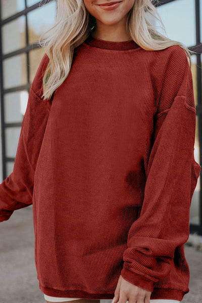 Racing Red Ribbed Corded Oversized Sweatshirt-Tops-MomFashion