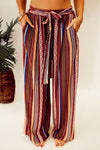 Red Boho Ethnic Striped Print Tie Waist Wide Leg Pants-Bottoms-MomFashion