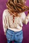 Oatmeal Lace-up Crochet Open Back Ribbed Top-Tops-MomFashion