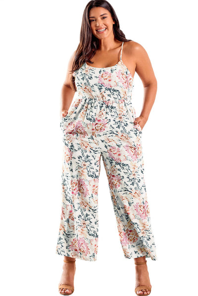 White Plus Size Floral Print Sleeveless Wide Leg Jumpsuit-Plus Size-MomFashion