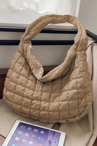 Light French Beige Quilted Zipper Large Shoulder Bag-Shoes & Bags-MomFashion