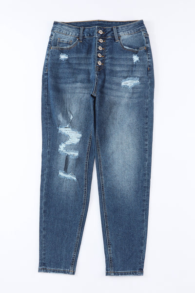 Blue Distressed Button Fly High Waist Skinny Jeans-Bottoms-MomFashion