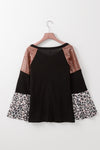 Black Sequin Patchwork Bell Sleeve V Neck Tunic Top-Tops-MomFashion