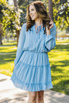 Light Blue V Neck Long Sleeve Ruffle Tiered Mini Dress-Dresses-MomFashion