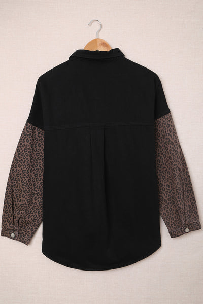 Black Contrast Leopard Denim Jacket-Outerwear-MomFashion