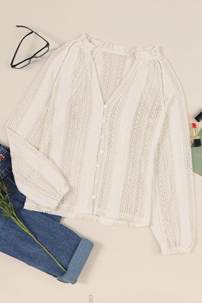 White V-Neck Long Sleeve Button Up Lace Shirt-Tops-MomFashion