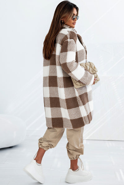 Brown Plaid Lapel Collar Long Open Front Coat-Outerwear-MomFashion