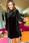 Black Velvet Frill Neck Long Sleeve Shift Dress-Dresses-MomFashion