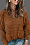 Brown Textured Knit Round Neck Dolman Sleeve Sweater-Tops-MomFashion