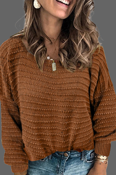 Brown Textured Knit Round Neck Dolman Sleeve Sweater-Tops-MomFashion