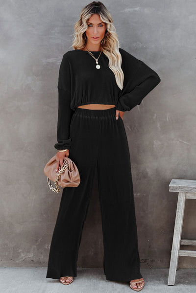 Black Corded Cropped Pullover and Wide Leg Pants Set-Loungewear-MomFashion