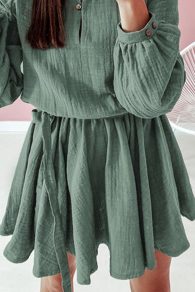 Jungle Green Button Neck Puff Sleeve Belted Pleated Mini Dress-Dresses-MomFashion