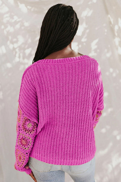 Rose Floral Crochet Cable Knit V Neck Sweater-Tops-MomFashion