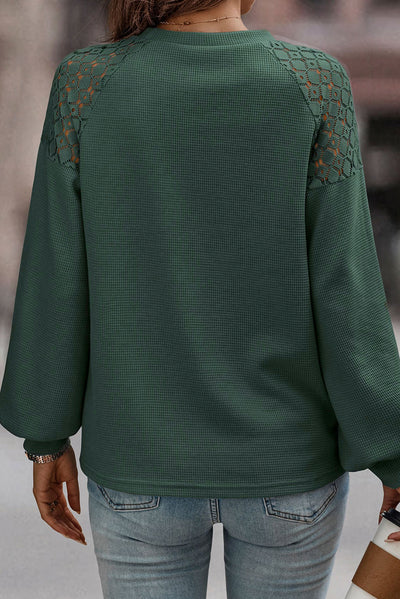 Green Lace Long Sleeve Textured Pullover-Tops-MomFashion