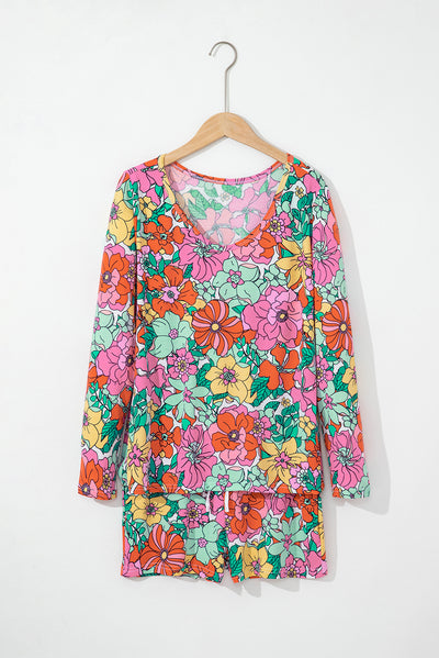 Multicolor Flower Print Pullover and Drawstring Shorts Lounge Set-Loungewear-MomFashion