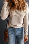 Beige Lace Crochet V Neck Long Sleeve Top-Tops-MomFashion