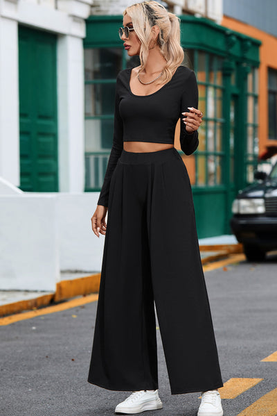 Black Solid Color Ribbed Crop Top Long Pants Set-Loungewear-MomFashion