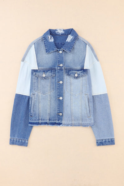 Sky Blue Color Block Denim Patchwork Frayed Hem Jacket-Outerwear-MomFashion