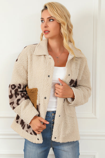 Beige Leopard Patchwork Snap Buttons Sherpa Jacket-Outerwear-MomFashion