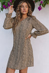 Khaki Leopard Frill Trim V Neck Dress-Dresses-MomFashion