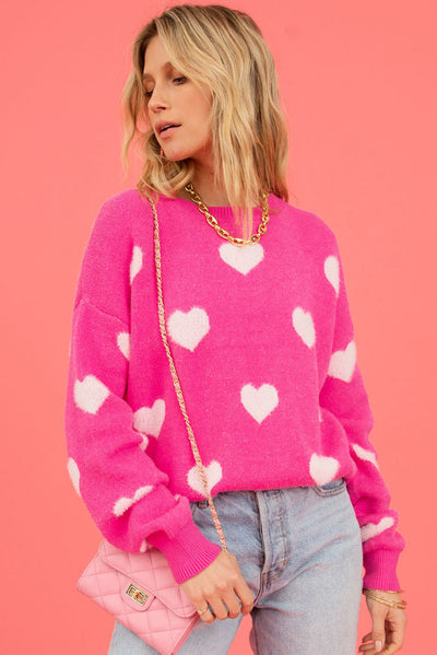 Bright Pink Fuzzy Valentine Hearts Drop Shoulder Sweater-Tops-MomFashion