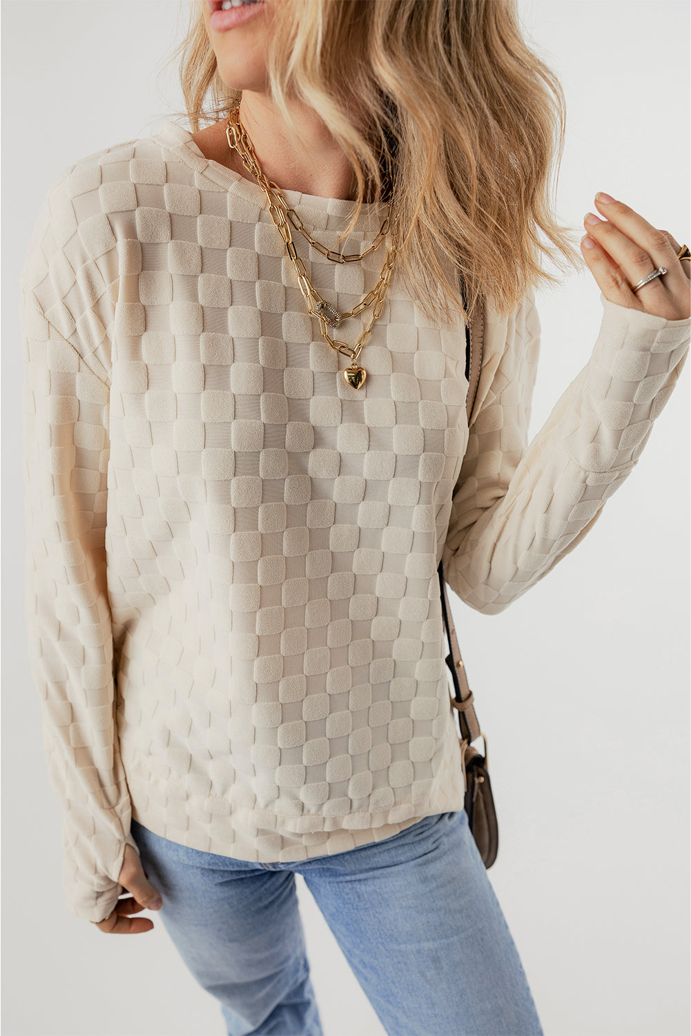 Beige Solid Textured Thumbhole Sleeve Top-Tops-MomFashion