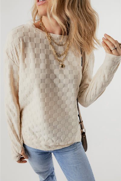 Beige Solid Textured Thumbhole Sleeve Top-Tops-MomFashion