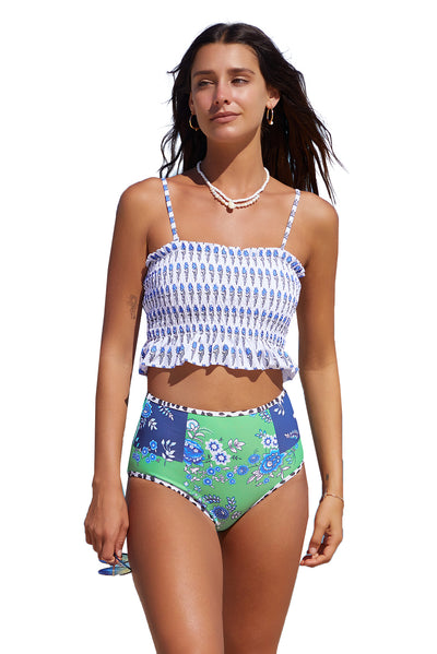 Blue Printed Smocked High waisted swimsuits-Swimwear-MomFashion